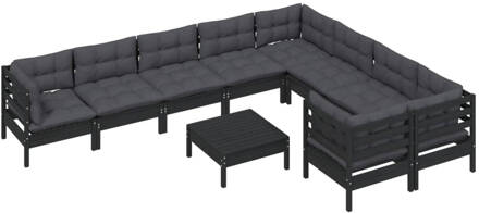 vidaXL 10-delige Loungeset met kussens grenenhout zwart