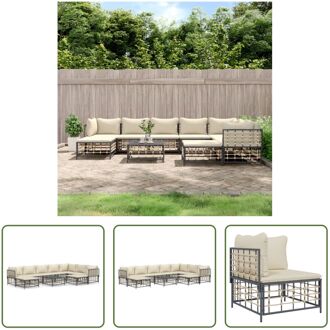 vidaXL 10-delige Loungeset met kussens poly rattan antracietkleurig - Loungebank Grijs