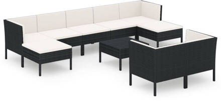 vidaXL 10-delige Loungeset met kussens poly rattan zwart