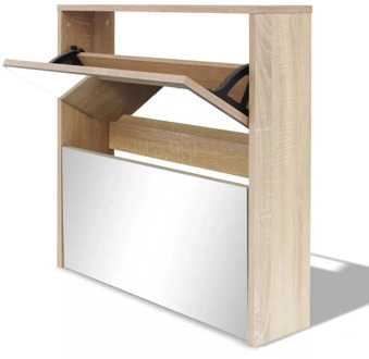 VidaXL 2-Layer Shoe Cabinet Mirror Oak Color Shoes Storage Cabinet Easy Assembly Shoe Rack Furniture Shoe Organizer