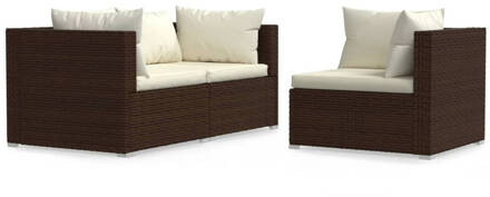 vidaXL 3-delige Loungeset met kussens poly rattan bruin