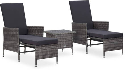 vidaXL 3-delige Loungeset met kussens poly rattan grijs