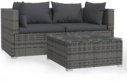 vidaXL 3-delige Loungeset met kussens poly rattan grijs