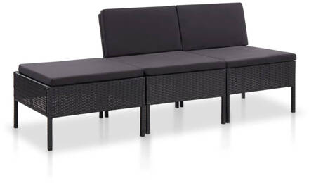 vidaXL 3-delige Loungeset met kussens poly rattan zwart