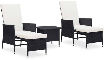 vidaXL 3-delige Loungeset met kussens poly rattan zwart