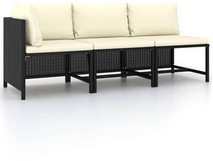 vidaXL 3-delige Loungeset met kussens poly rattan zwart