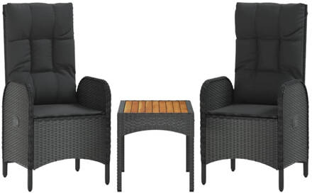 vidaXL 3-delige Loungeset met kussens poly rattan zwart