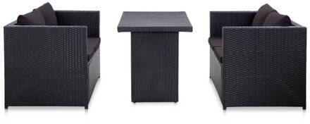 vidaXL 3-delige Loungeset met kussens poly rattan zwart