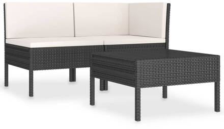 vidaXL 3-delige Loungeset met kussens poly rattan zwart