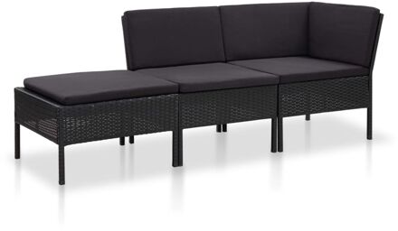 vidaXL 3-delige Loungeset met kussens poly rattan zwart