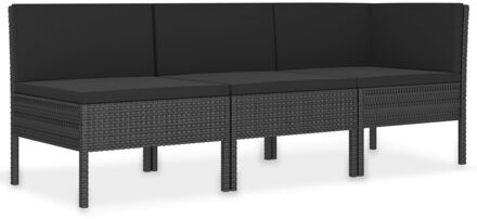 vidaXL 3-delige Loungeset met kussens poly rattan zwart