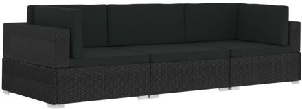 vidaXL 3-delige Loungeset met kussens poly rattan zwart