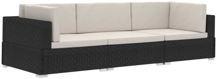 vidaXL 3-delige Loungeset met kussens poly rattan zwart