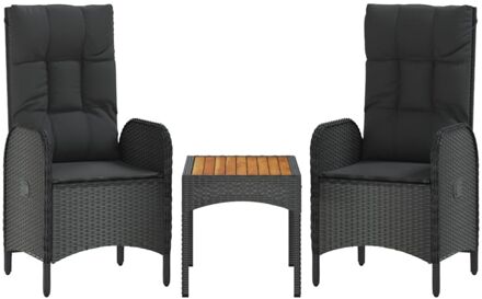 vidaXL 3-delige Loungeset met kussens poly rattan zwart