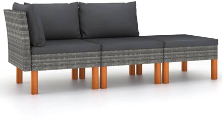 vidaXL 3-delige Loungeset poly rattan en massief eucalyptushout Grijs