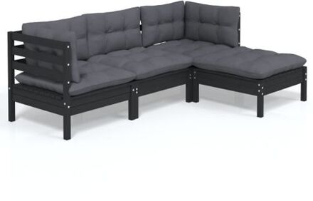 vidaXL 4-delige Loungeset met kussens grenenhout zwart