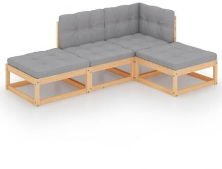 vidaXL 4-delige Loungeset met kussens massief grenenhout Grijs