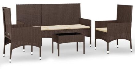 vidaXL 4-delige Loungeset met kussens poly rattan bruin