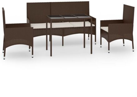 vidaXL 4-delige Loungeset met kussens poly rattan bruin