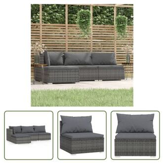 vidaXL 4-delige Loungeset met kussens poly rattan grijs - Tuinset