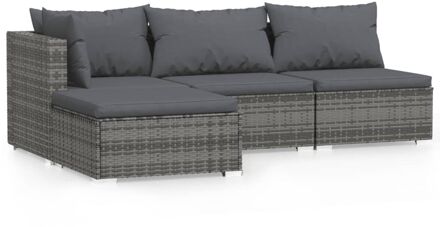 vidaXL 4-delige Loungeset met kussens poly rattan grijs