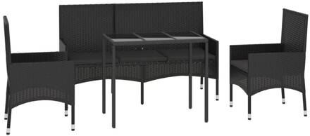 vidaXL 4-delige Loungeset met kussens poly rattan zwart