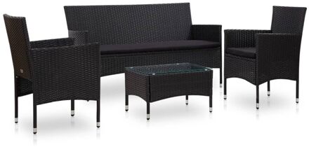 vidaXL 4-delige Loungeset met kussens poly rattan zwart