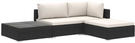 vidaXL 4-delige Loungeset met kussens poly rattan zwart