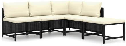 vidaXL 5-delige Loungeset met kussens poly rattan zwart