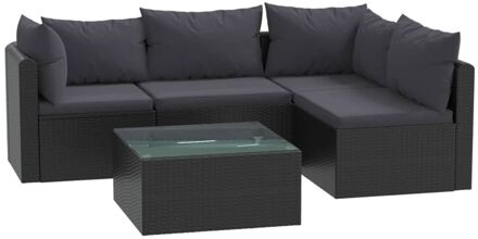 vidaXL 5-delige Loungeset met kussens poly rattan zwart