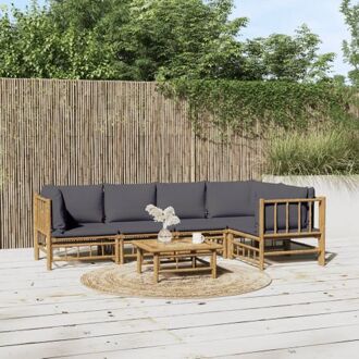 vidaXL Bamboe Lounge set - 2x middenbank - 3x hoekbank - 1x tafel - donkergrijs kussen - 100% polyester - Bruin