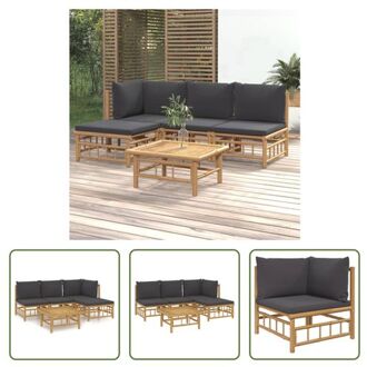 vidaXL Bamboe Lounge Set - Middenbank - Hoekbank - Voetenbank - Tafel - donkergrijs kussen - 100% Bruin