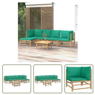 vidaXL Bamboe Lounge Set - Middenbank Hoekbank Voetenbank Tafel + Kussens - Groen Bruin