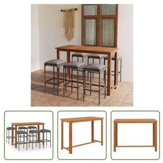 vidaXL Barset Acaciahout - Grijs - 150x70x105 cm - PE-rattan - 6 barkrukken