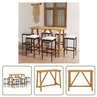 vidaXL Barset - Acaciahout - PE-rattan - Zwart - 140 x 70 x 104 cm - 6 barkrukken - Crème kussens