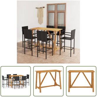 vidaXL Barset Acaciahout Zwart - 140x70x104 cm - Weerbestendig PE Rattan - 6 Barkrukken