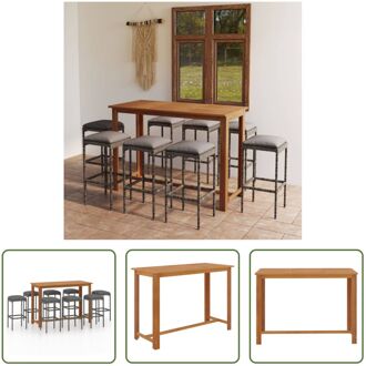 vidaXL Barset Grijs Acacia 150x70x105 cm ? 8 Barkrukken ? Poly Rattan ? Inclusief zitkussens