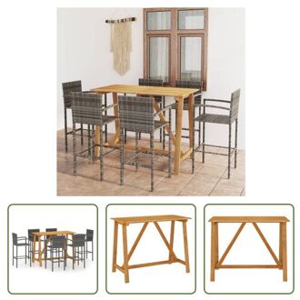 vidaXL Barset Tables and Chairs - Acacia Wood - 140 x 70 x 104 cm - Grey Rattan - 52 x 56 x 118 cm - Assembly Grijs