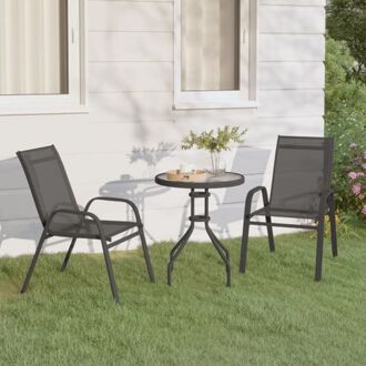 vidaXL Bistroset - Grijs - Staal/Gehard glas/Textileen - 60 x 70 cm tafel - 55 x 65 x 89 cm stoel