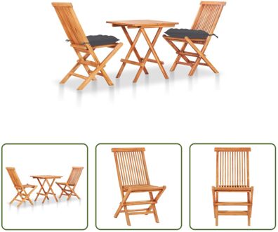 vidaXL Bistroset Teakhout - Tafel 60x60x65cm - Stoelen 46x62x89cm - Antraciet kussen Grijs