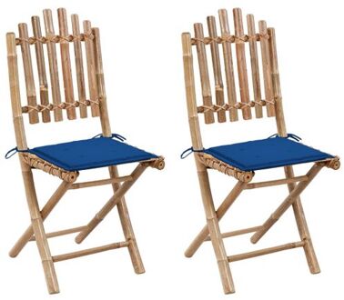 vidaXL buitenstoelen set - bamboe - 50x42x92 cm - inklapbaar - blauw kussen (2 stuks)