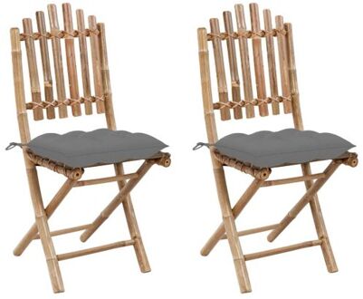 vidaXL Buitenstoelen - set van 2 - Massief bamboe - Waterbestendig - Inklapbaar - Grijs kussen - 50x42x92 cm