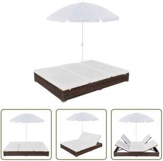 vidaXL Dubbel Ligbed Bruin PE Rattan - 197x140x190cm - UV-bestendige Parasol - 2 Afneembare Kussens