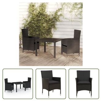 vidaXL Eethoek Rattan - 90x90x75 cm - Zwart - Tafel en stoelen met stalen frame - Inclusief kussens