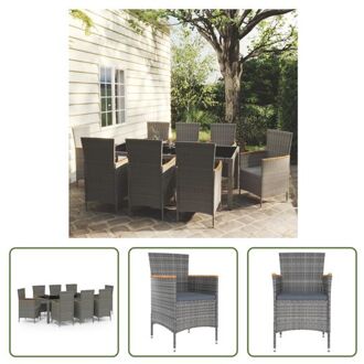 vidaXL Eethoek Tuinset - 190x90x75 cm - Poly Rattan - Staal - Inclusief 8 Stoelen - Kussens Grijs