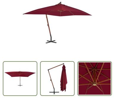 vidaXL Hangende Houten Parasol - Bordeauxrood - 400x300x285 cm - UV-beschermend polyester - Stevige kruisvoet