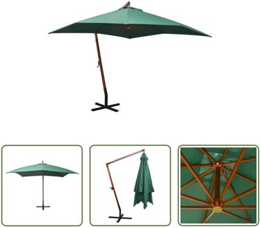 vidaXL Hangende Parasol - Groen - 300x300 cm - Houten Paal - 8 Bamboe Baleinen