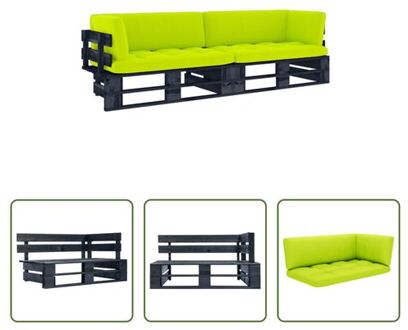 vidaXL Hoekbank Pallet - 110 x 65 x 55 cm - Grenenhout - Helder groene kussens Zwart