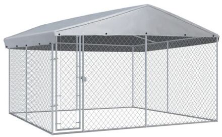 vidaXL Hondenkennel voor buiten met dak 382x382x225 cm Zilverkleurig