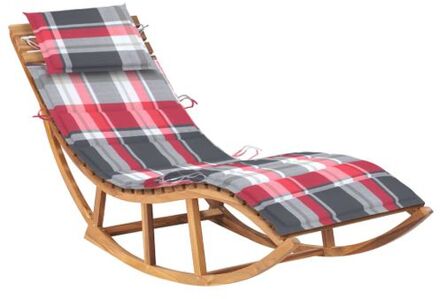 vidaXL houten ligstoel Schommelend Teak - 60x180x73 cm - Rood ruitpatroon Bruin